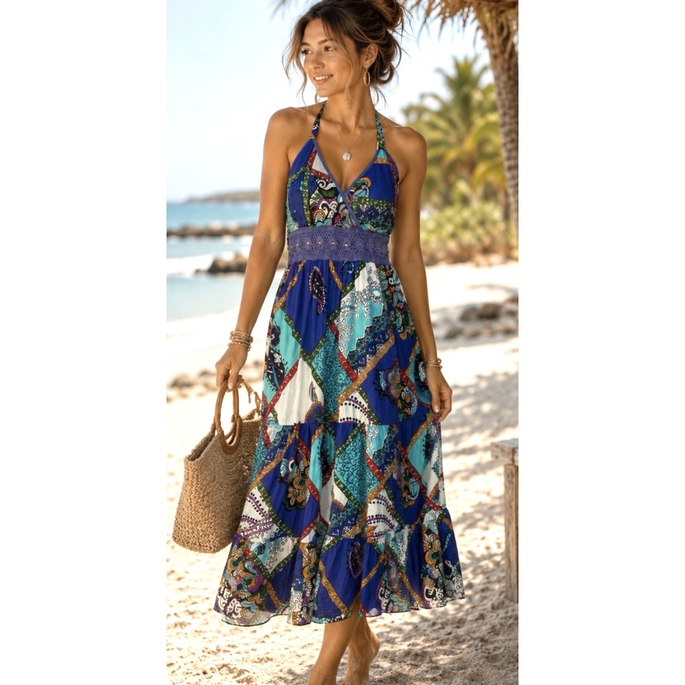 Shes Cool Halter Tie Babydoll Midi Dress Size L Patchwork Tiered Crochet Beach